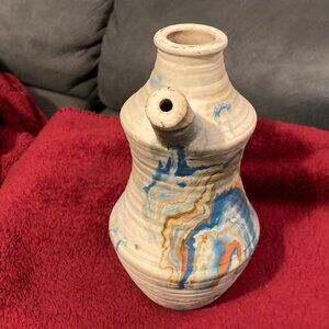 VTG Nemadji Indian Pottery Native Clay Water Pitcher USA-Blue/Orange Swirls-8"H